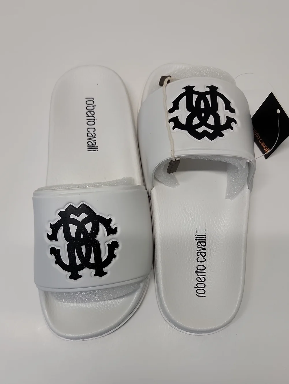 Roberto Cavalli White Logo Slide Sandals for Big Kid US 1.5 - 2 NEW IN BOX
